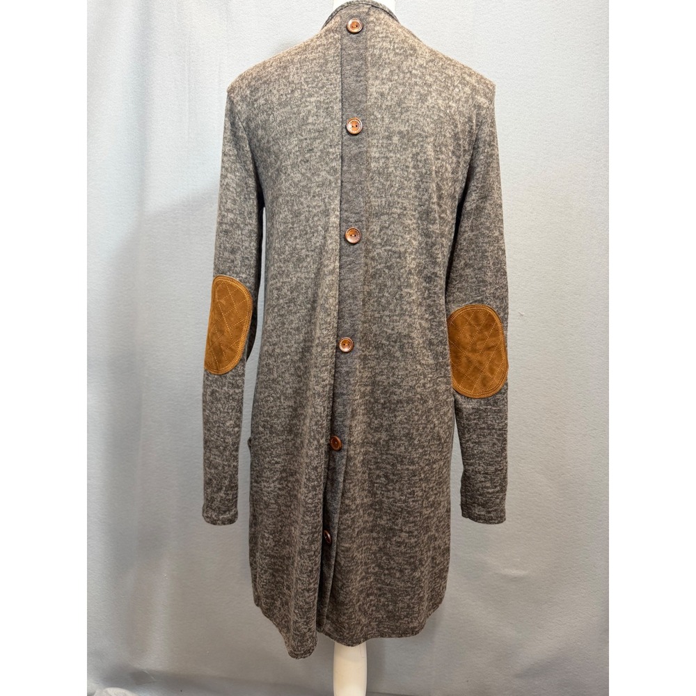 Boho Brown Duster Cardigan Elbow Patch Back Button Rustic Womans Medium Mai Soli